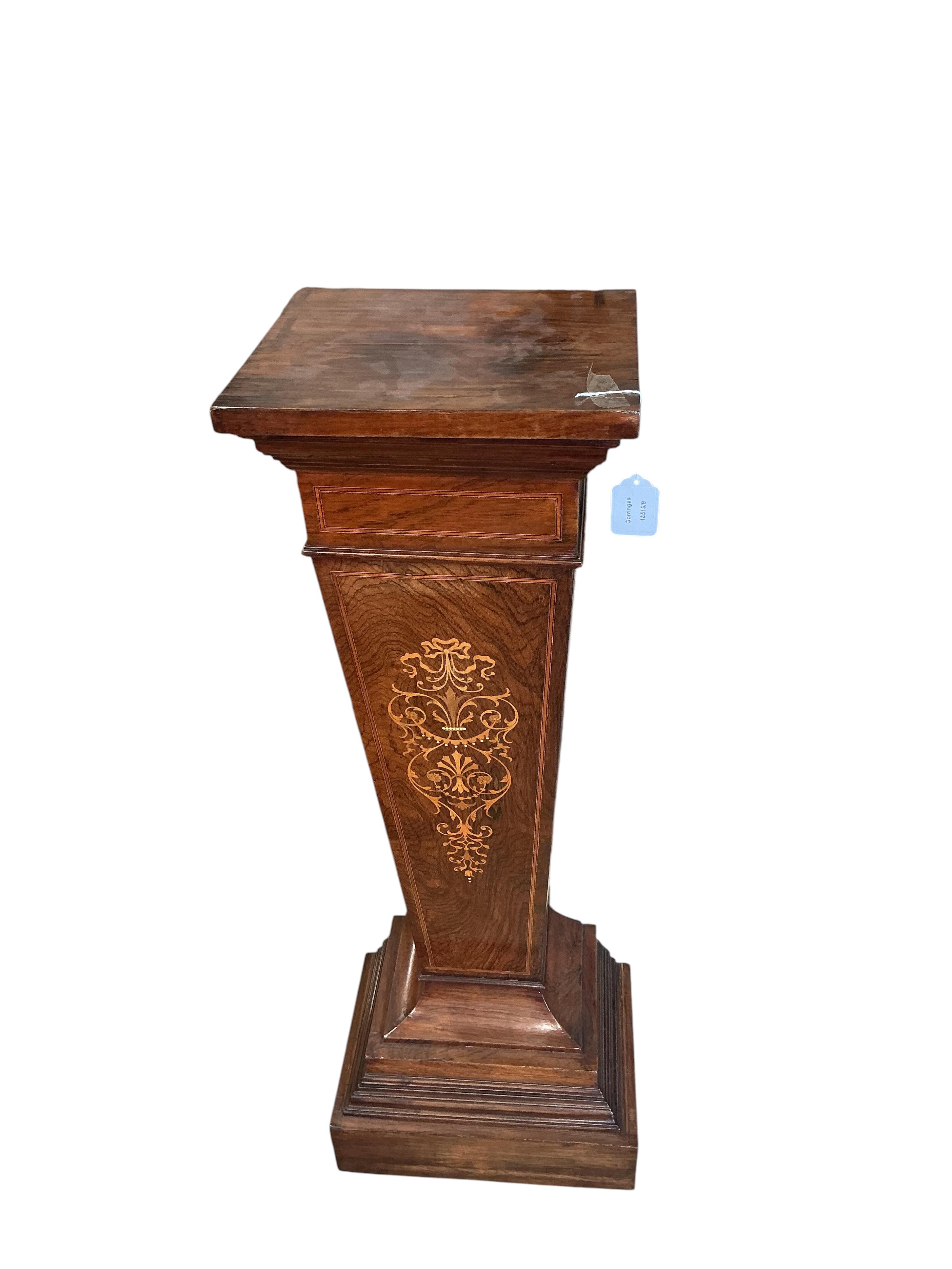 An Edwardian marquetry inlaid rosewood pedestal, width 32cm, height 109cm